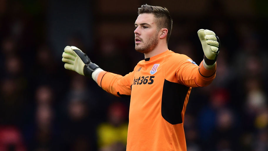 WATFORD, ENGLAND - MARCH 19: Jack Butland of Stoke City gestures during the Barclays Premier League match between Watford and Stoke City at Vicarage Road on March 19, 2016 in Watford, England. (Photo by Alex Broadway/Getty Images)