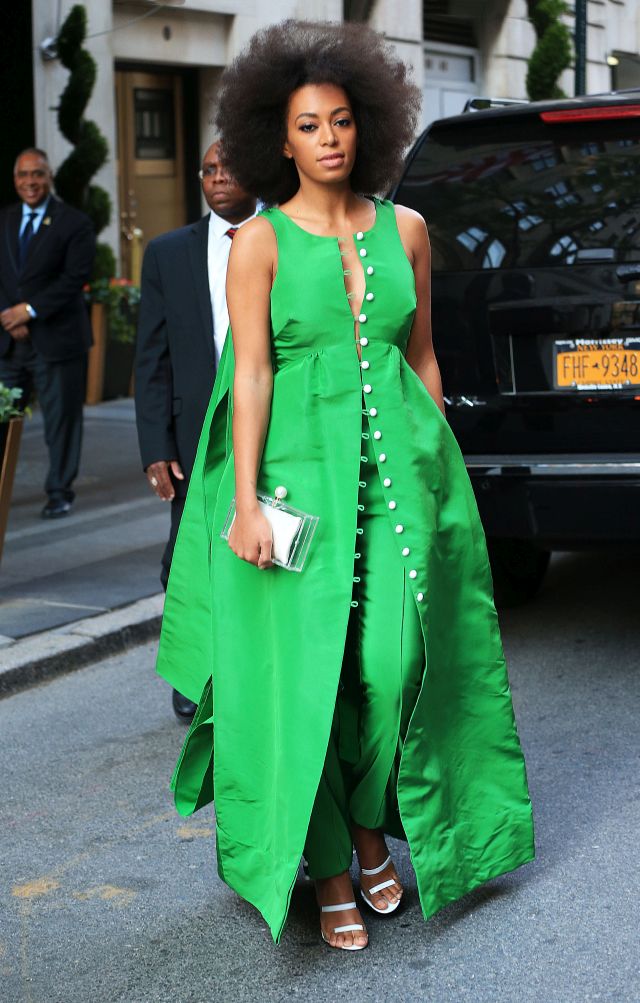 Solange Knowles in a bright green dress in NYC. Pictured: Solange Knowles Ref: SPL1016168 030515 Picture by: XactpiX/Splash News Splash News and Pictures Los Angeles:310-821-2666 New York: 212-619-2666 London: 870-934-2666 photodesk@splashnews.com 