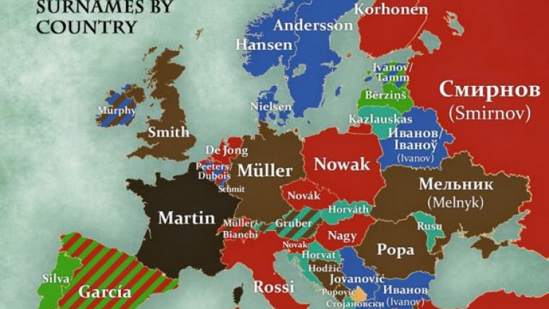 Këta janë mbiemrat më të popullarizuar në Evropë (Harta)