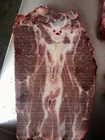 Pic shows: The devil shape stake.nnThis is the devil steak, a piece of meat with the figure of the devil etched into the fat of the meat.nnThe photo of the steak in question has gone viral since being uploaded by a user in the state of Baja California Sur, north-west Mexico.nnThe phenomenon was discovered by a butcher when he was cutting off the piece of meat. When he sliced it of and put it on the table, he could not believe the image he saw formed by the bone, flesh and fat.nnSome users have also compared the eerie figure to the Prince of Darkness, the villain in the 1987 US horror movie.nnThe shocked butcher assures he did not carry out any type of satanic ritual to call the devil to his shop.nnSome social media users have used the images to make humorous holy week themed memes:nnOne user posted the photo with the words: "Keep eating meat in holy week atheists."nnAnother wrote: "That awkward moment when a devil appears on your steak."nn(ends)n     