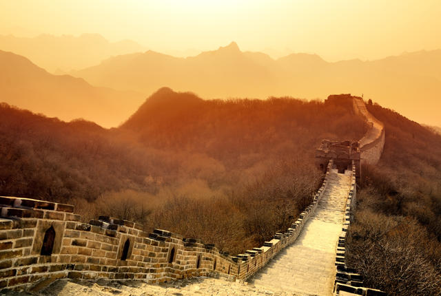 Great Wall in the morning with sunrise and colorful sky in Beijing, China.