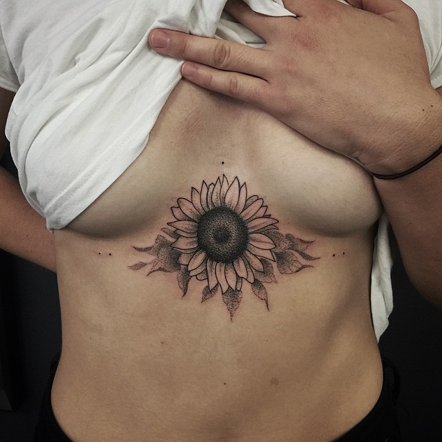 Dotwork-Sunflower-tattoo-under-Breast-by-Pari-Corbitt