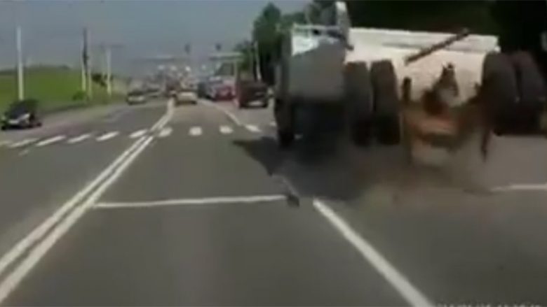 Ky është momenti shokues, kur kamionit që po lëvizte me shpejtësi i këputen rrotat e pasme (Video)