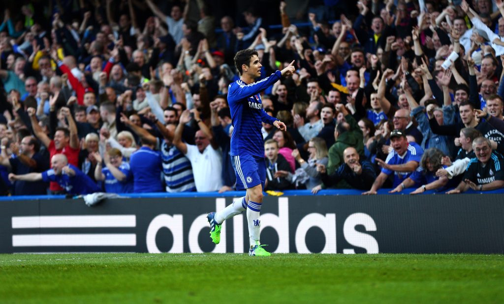 LONDON, ENGLAND - NOVEMBER 01: Oscar of Chelsea celebrates scoring the oping goal during the Premier League match between Chelsea and Queens Park Rangers at Stamford Bridge on November 1, 2014 in London, England. (Photo by Marc Atkins/Mark Leech/Getty Images)