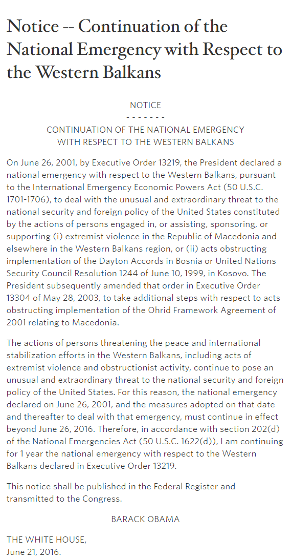 Message- Continuation of the National Emergency with Respect to the Western Balkans