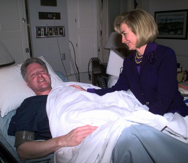 97 First lady Hillary Rodham Clinton visits President Clinton Friday, March 14, 1997 at Bethesda Medical Center in Bethesda, Md. after he underwent surgery on his knee. The president had surgery after stumbling in Greg Norman's Florida home and returned to Washington to be treated.(AP Photo/The White House)