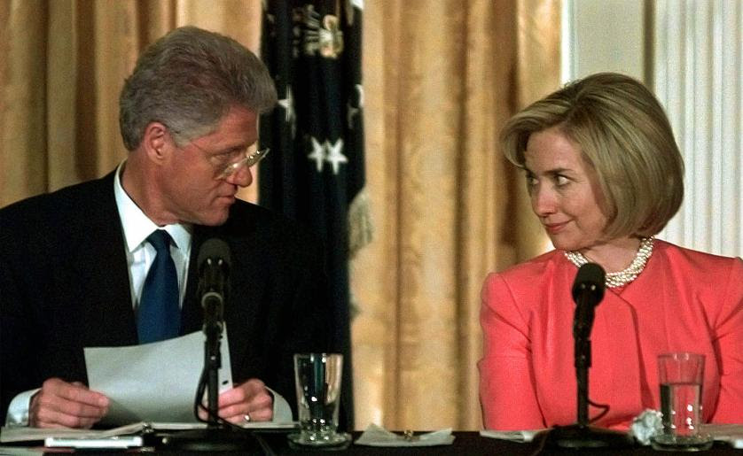 97 President Bill Clinton and his wife Hillary Rodham Clinton look at each other as they opened the White House Conference on Child Care Thursday Oct. 23, 1997 in the East Room of the White House. The president pledged Thursday to pitch a plan in his State of the Union Address to make child care in America, more available and more affordable. Mrs Clinton is hosting the day long conference. (AP Photo/J Scott Applewhite)