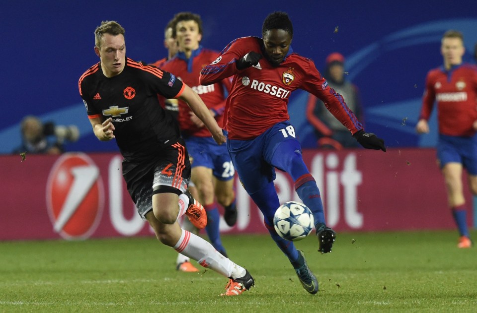 Manchester United's English defender Phil Jones (L) vies for the ball with CSKA Moscow's Nigerian forward Ahmed Musa during the UEFA Champions League group B football match between PFC CSKA Moscow and FC Manchester United at the Arena Khimki stadium outside Moscow on October 21, 2015. AFP PHOTO / YURI KADOBNOVYURI KADOBNOV/AFP/Getty Images