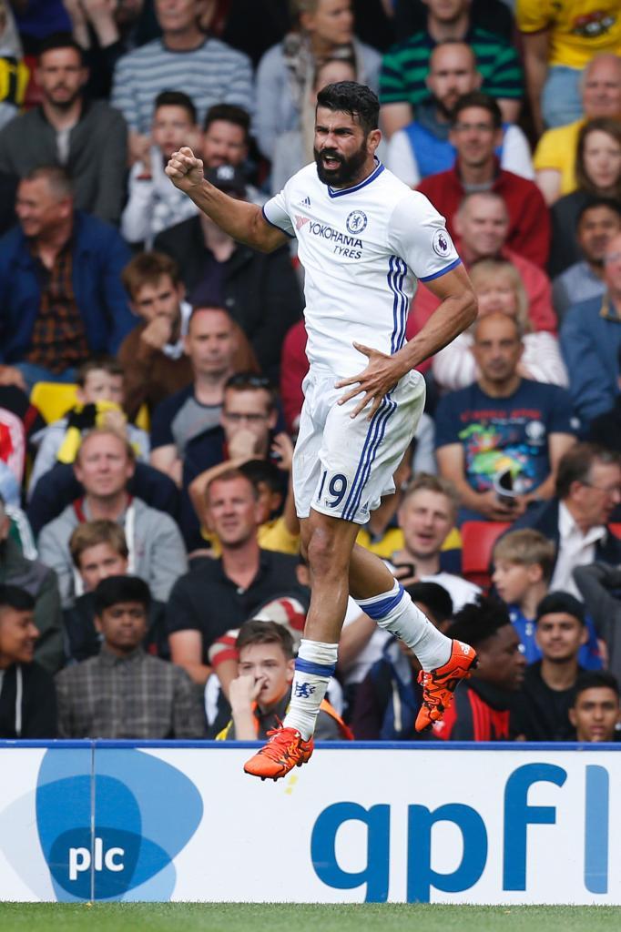 Chelsea's Brazilian-born Spanish striker Diego Costa celebrates scoring their second goal during the English Premier League football match between Watford and Chelsea at Vicarage Road Stadium in Watford, north of London on August 20, 2016. / AFP PHOTO / Ian Kington / RESTRICTED TO EDITORIAL USE. No use with unauthorized audio, video, data, fixture lists, club/league logos or 'live' services. Online in-match use limited to 75 images, no video emulation. No use in betting, games or single club/league/player publications. /