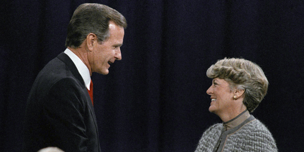 FILE - In this Thursday, Oct. 11, 1984 file picture, Vice-President George H. Bush, left, shakes hands with Democratic vice-presidential candidate Geraldine Ferraro before the beginning of their debate in Philadelphia. The first woman to run for U.S. vice president on a major party ticket has died. Geraldine Ferraro was 75. A family friend said Ferraro, who was diagnosed with blood cancer in 1998, died Saturday, March 26, 2011 at Massachusetts General Hospital. (AP Photo/Gene J. Puskar)