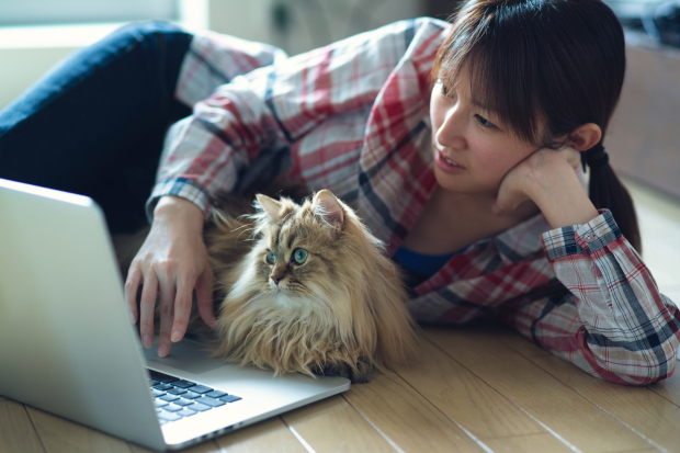 Girl operating notebook on floor with cat