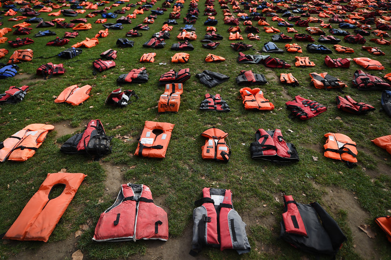 Life Jacket graveyard dispayed in Parliament Square as world leaders meet at the United Nations Migration summit in New York