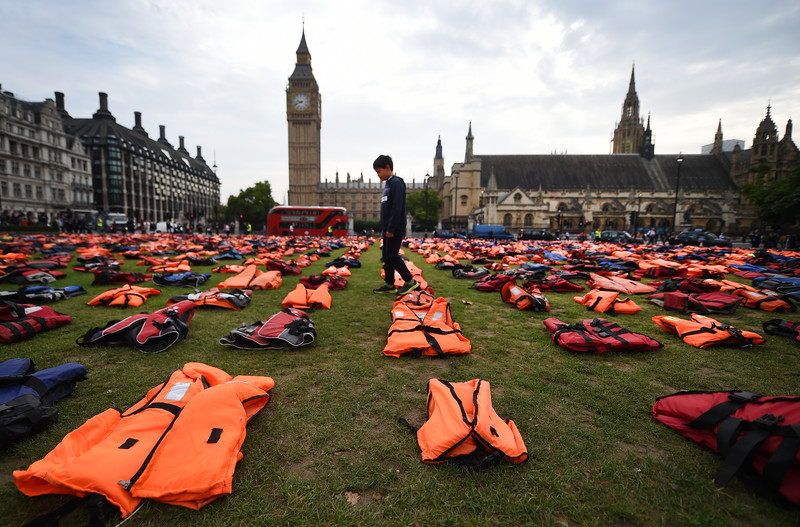 Life Jacket graveyard dispayed in Parliament Square as world leaders meet at the United Nations Migration summit in New York