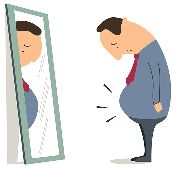 Businessman standing in front of mirror and see himself getting big belly. Oversized and obesity concept.
