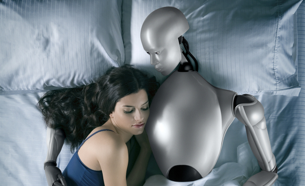 Robot and a young woman in bed, elevated view