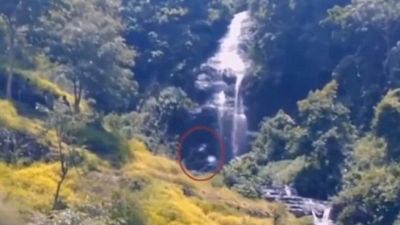 Poshtë ujëvarës shfaqet një krijesë e pazakontë (Video)