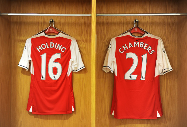 LONDON, ENGLAND - AUGUST 14: Rob Holding and Calum Chambers shirts in the Arsenal changing room before the Premier League match between Arsenal and Liverpool at Emirates Stadium on August 14, 2016 in London, England. (Photo by Stuart MacFarlane/Arsenal FC via Getty Images)