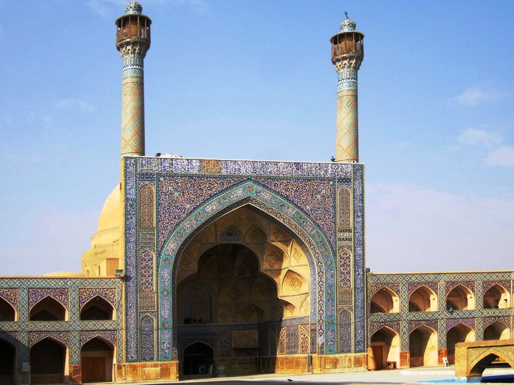 The Masjed-e Jameh or Friday Mosque in Isfahan is the largest in Iran, dating back 900 years. The twin minarets are a Shia trademark.