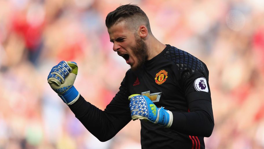 MANCHESTER, ENGLAND - OCTOBER 02: David De Gea of Manchester United celebrates David De Gea of Manchester United scoring their sides first goal during the Premier League match between Manchester United and Stoke City at Old Trafford on October 2, 2016 in Manchester, England.  (Photo by Richard Heathcote/Getty Images)