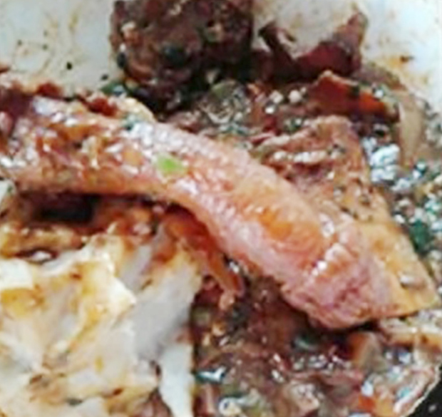 Pic shows: The served meat with the appearance of a male genital organ.nnAstonishing images of what looks like a human penis served up at a fast food bar have become a social media mystery.nnThe manhood-like dish had been unwittingly bought from a traditional chop house in Accra, Ghana by a customer named only as Akosua in local media.nnBut it was only when she got it home and started eating the dish - a local delicacy called Tuo Zafi ¿ that she realised she had bitten off more than she could chew.nnAkousa told local media: "I had gone to get some food from the food joint because I was hungry and my preferred choice was Tuo zafi which I bought and took home to eat."nnBut she did not spot the penis-shaped meat until she had gobbled down about 70 percent of the dish, she said.nnInitial tests at a laboratory proved inconclusive, explained Akosua, who was then urged to hand the meat to police for a full forensic examination.nnShe said: "My sister opted to show it to a lab technician friend later, who said because the meat was cooked, an ordinary lab test wouldn¿t be able to prove it to be animal or human."nnAkousa added: "He advised a forensic test be done on it and the meat lies in our fridge."nn(ends)