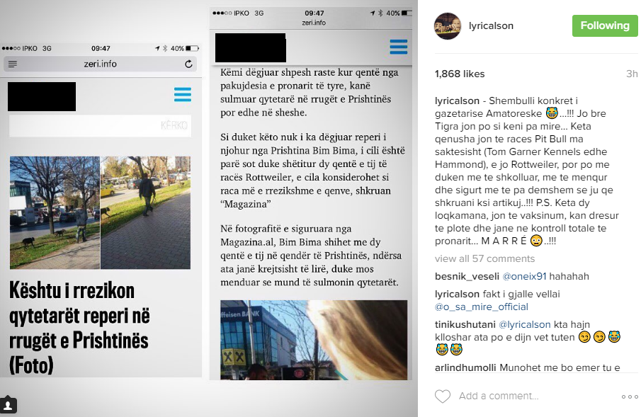 Reagimi i plotë i reperit Lyrical Son lidhur me artikulin kundër Bim Bimmas. Foto nga: Instagram