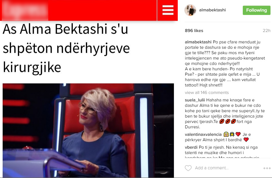 Postimi revoltues i këngëtares Alma Bektashi në Instagram.