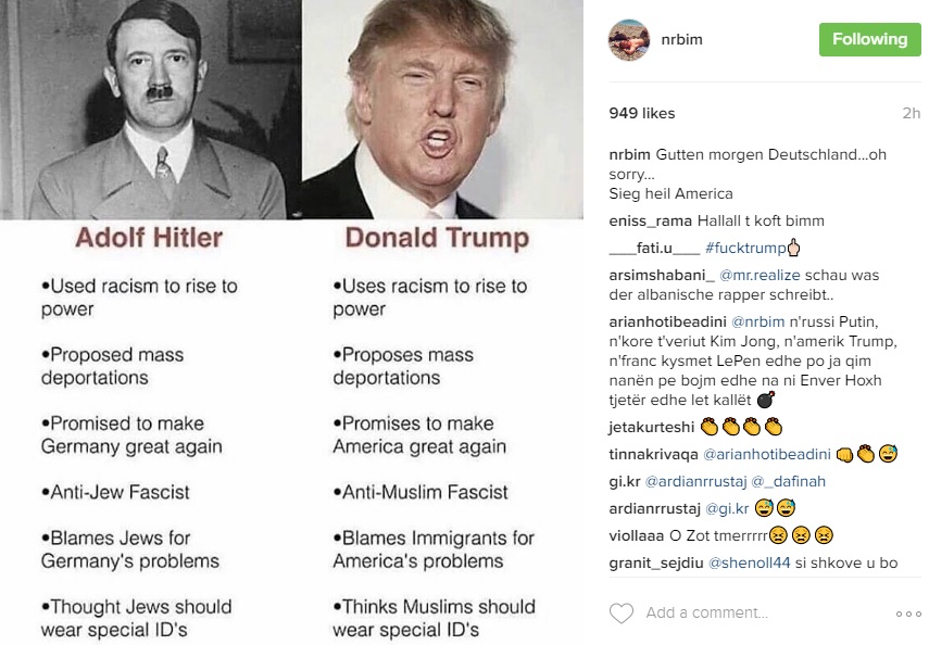 Fotografia e publikur nga Bim Bimma, me anë të së cilës krahason figurat e Donald Trump dhe Adolf Hitler. Foto nga: Instagram.