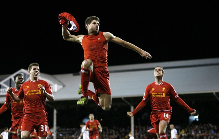 Football - Fulham v Liverpool - Barclays Premier League - Craven Cottage - 12/2/14 Steven Gerrard celebrates after scoring the third goal for Liverpool from the penalty spot Mandatory Credit: Action Images / Andrew Couldridge Livepic EDITORIAL USE ONLY. No use with unauthorized audio, video, data, fixture lists, club/league logos or ìliveî services. Online in-match use limited to 45 images, no video emulation. No use in betting, games or single club/league/player publications. Please contact your account representative for further details.