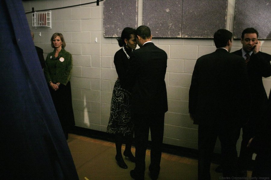 NASHUA, NH - JANUARY 08: Democratic presidential hopeful U.S Senator Barack Obama (D-IL) (D-IL) and his wife Michelle Obama backstage before going out to face their supporters at a primary night rally in the gymnasium at the Nashua South High School on January 8, 2008 in Nashua, New Hampshire. Obama finished a projected 2nd place behind Sen. Hillary Clinton (D-NY) in the nation's first democratic primary. (Photo by Charles Ommanney/Getty Images)