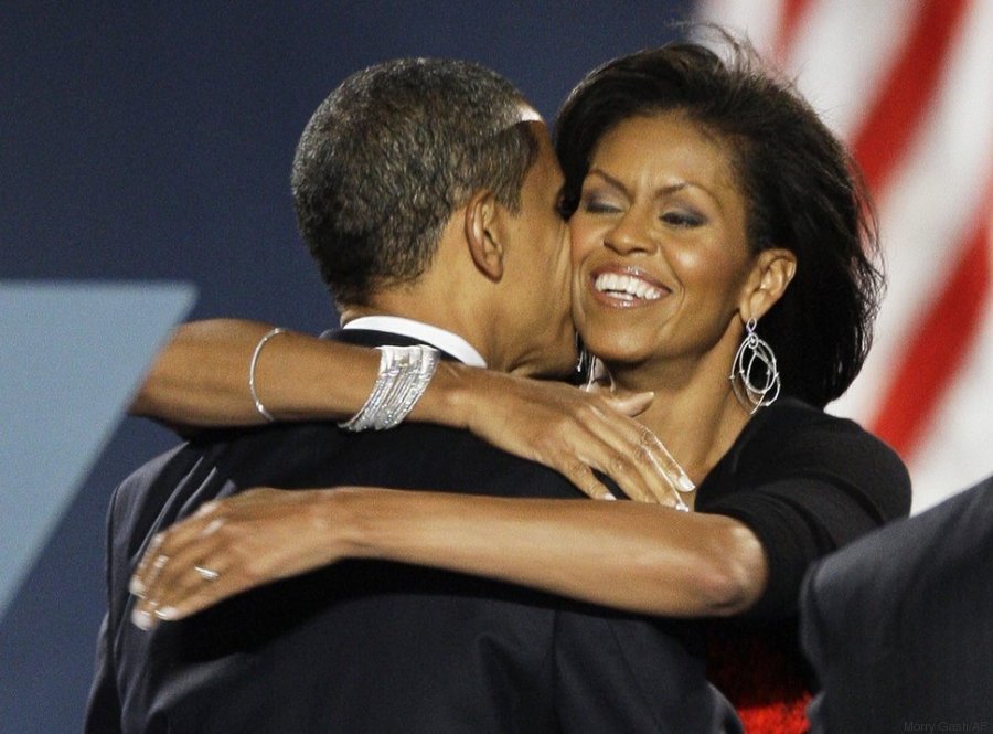 President-elect Barack Obama hugs his wife, Michelle, after his acceptance speech at his election night party at Grant Park in Chicago, Tuesday night, Nov. 4, 2008. (AP Photo/Morry Gash)