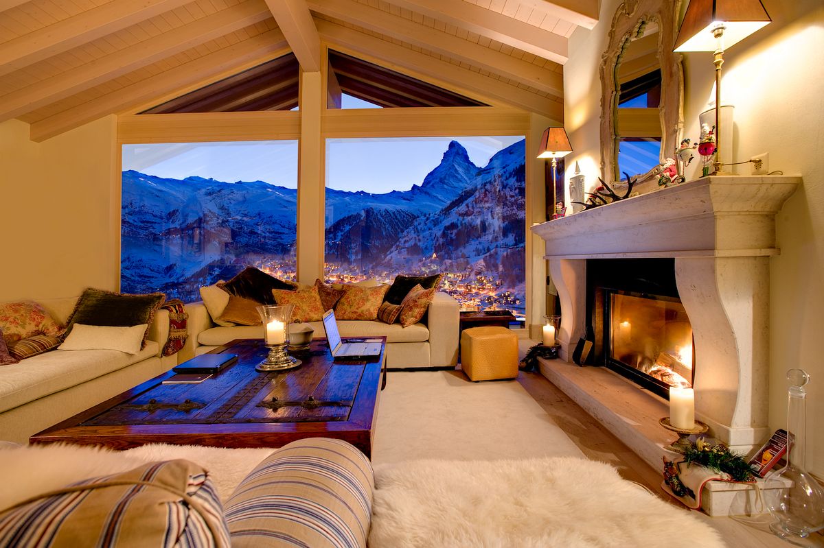 Living room of Chalet Grace, a luxury chalet located in Zermatt, Switzerland. Photo by Joe Condron