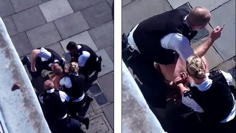 Kapet polici duke e goditur me grushta të dyshuarin, derisa kolegët e tij po e mbanin me fytyrë për tokë (Video, +18)