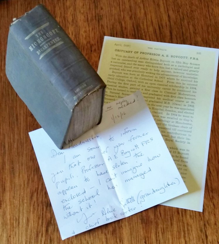 The book with the letter from Mrs Gillett. A book that's been missing from a Hereford School Library for more than 120 years, has finally been returned. The book - 'The Microscope and its Revelations' by Dr William B Carpenter - was taken out by Hereford Cathedral School pupil Arthur Boycott, who attended the School between 1886 and 1894. It was discovered by his Granddaughter Alice Gillett, when she was sorting through a collection of 6,000 books following the death of her husband earlier this year. If the book had been borrowed from Hereford Library - which charges 17p a day - the fine would have been £7,446.....although the school has promised to waive any fines.