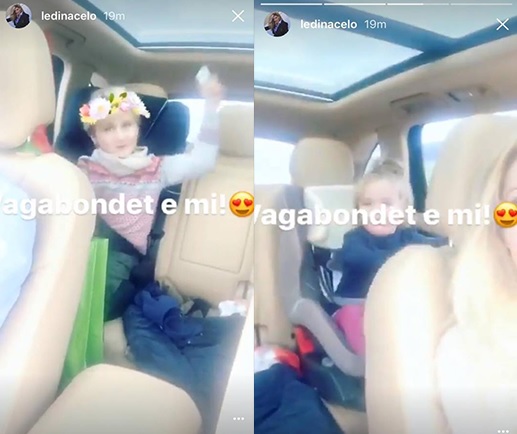 Fëmijët e Ledina Çelo kërcejnë plot ritëm dhe energji kur dëgjojnë këngën e mamasë së tyre në makinë. Foto nga Instagram Story.