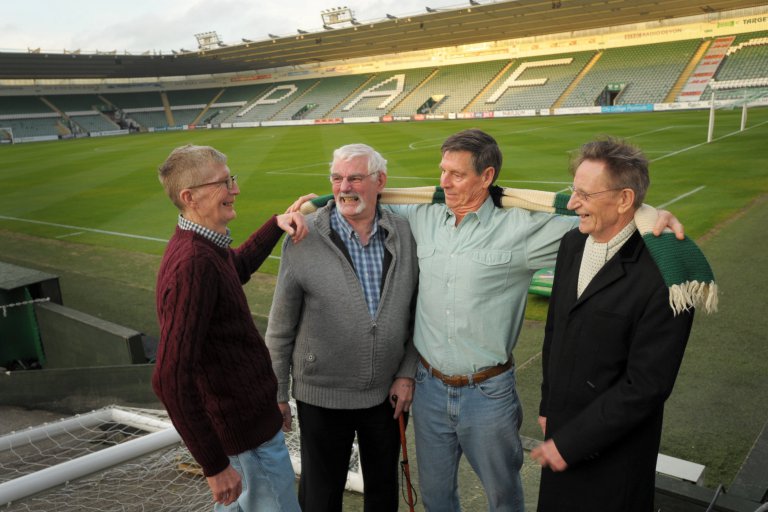 Left to right Keith Morris, Ronnie Webster (nee Morris), Dave Morris and Derek Morris at Plymouth Argyle FC ground where they once played in a band whilst they were at the orphanage. Four brothers who were separated after being sent to orphanages as young boys have been reunited - after 60 years apart. See SWNS story SWBROTHERS; The four Morris brothers ñ Dave, 68, Ronnie, 65, Keith, 60, and Derek, 67, ñ met up with each other for the first time since they were young children during an emotional reunion. They had travelled from far and wide to be there for the special moment at the home of Plymouth Argyle football club - which they'd waited most of their lives to experience. The brothers had lived at the British Seamen's Orphanage home together before being split up with different foster families. They recall their father being away at sea a lot with the Merchant Navy leaving their mother alone struggling to bring up six children.