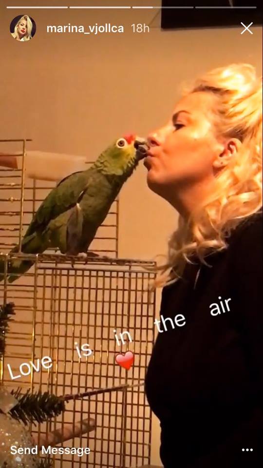Lira Vjollca, motra e Marinës duke puthur papagallin e saj. Foto nga Instagram Story.
