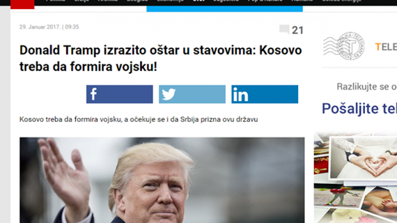 Alarmohet Serbia: Trump kërkon formimin e Ushtrisë së Kosovës (Foto)