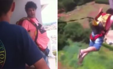 Bleu parashutën në internet dhe vendosi të kërcej me të nga ballkoni i apartamentit të tij (Video)