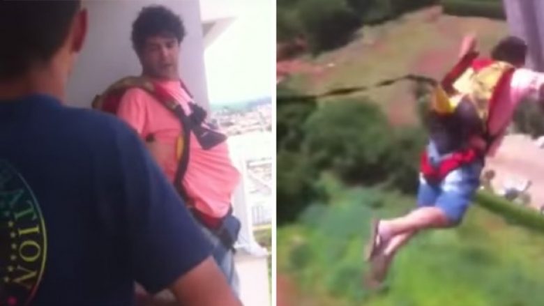 Bleu parashutën në internet dhe vendosi të kërcej me të nga ballkoni i apartamentit të tij (Video)