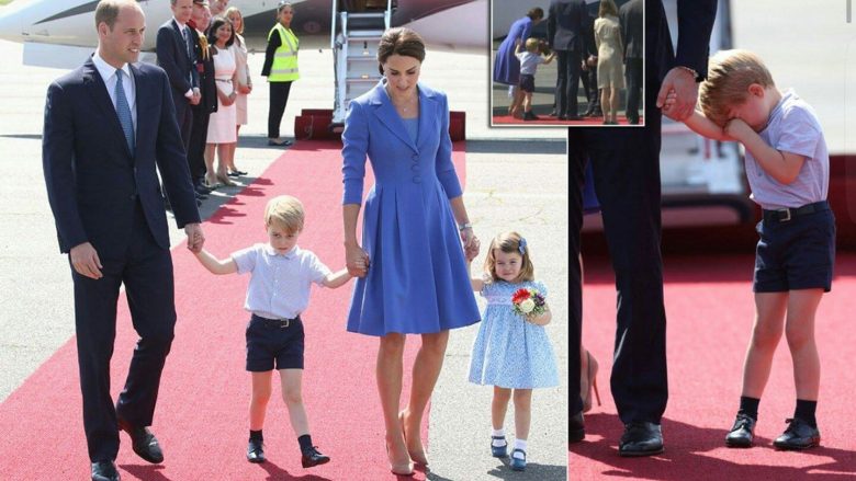“A duhet patjetër mami?” Princi i vogël Xhorxh fërkon sytë i përgjumur, ndërsa Charlotte e lumtur pranon lulet e para zyrtare gjatë largimit për në Gjermani (Foto)