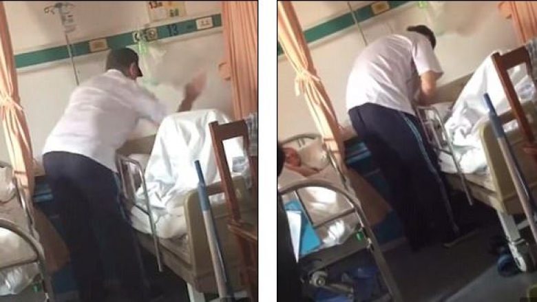 Filmohet i biri duke goditur me shuplaka e grushta babanë e tij të shtrirë në spital, që ka probleme psikike (Video, +18)