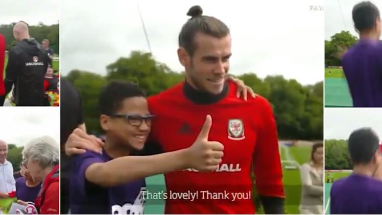 Bale ia plotëson ëndrrën fansit të tij në stërvitje me Uellsin – Foto dhe fanellë më autograf për lumturinë e djaloshit (Foto)