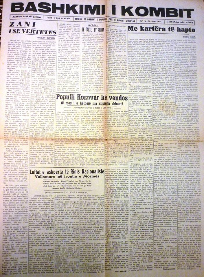 Gazeta “Bashkimi i kombit”, Gjilan, korrik 1944: “Populli Kosovar ka vendos të mos i a këthejë ma shpinën shkaut!”