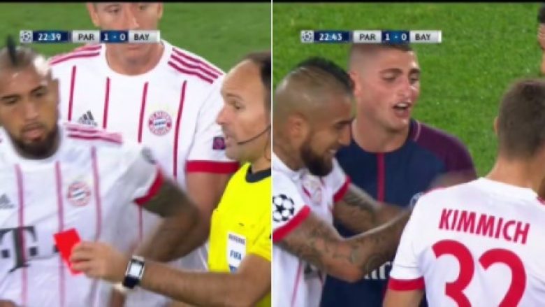 Muaj më parë u kacafytën, por tani Vidal e shpëton Kimmichin nga kartoni i kuq – as lojtarët e PSG-së nuk mbajtën dot të qeshurat (Foto/Video)