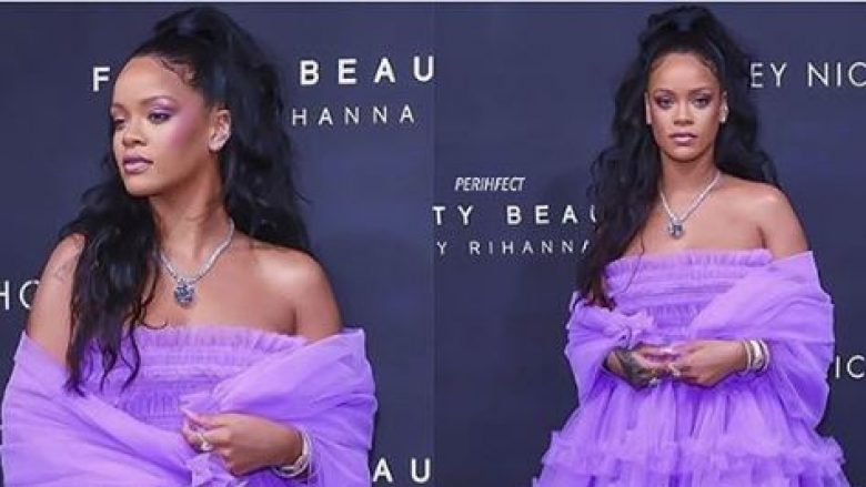 Rihanna shfaqet joshëse në fustanin ngjyrë vjollcë (Foto)