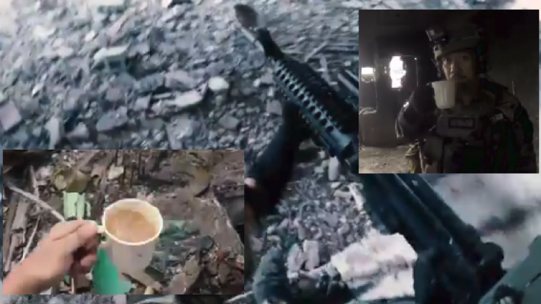 Të shtëna armësh gjithandej, ushtari ka një tjetër hall – ta shpëtojë filxhanin e mbushur me kafe (Video)