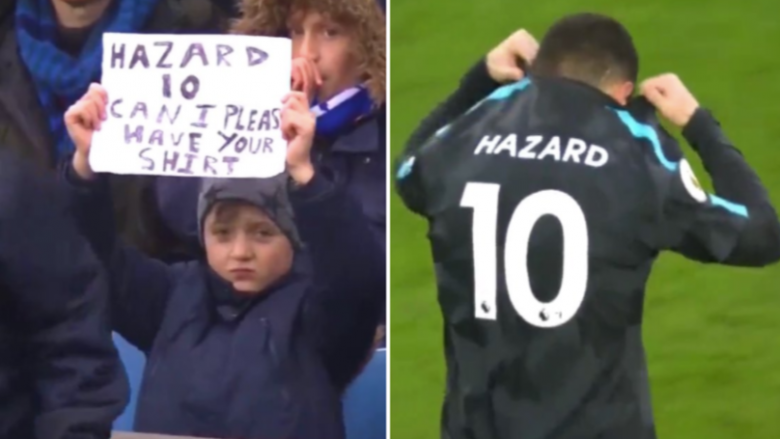 Djaloshi ia kërkon Hazardin fanellën nëpërmjet një pankarte, belgu i përgjigjet (Video)