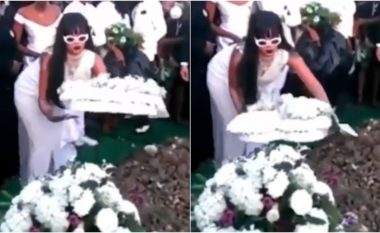 Rihanna e veshur në të bardha dhe mes lotësh i jep lamtumirën e fundit kushëririt të vrarë (Video)