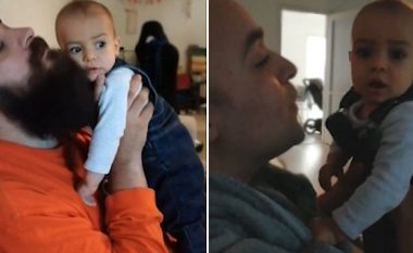 Babai shfaqet para birit të tij për herë të parë pa mjekër, vogëlushi mbetet i habitur (Video)