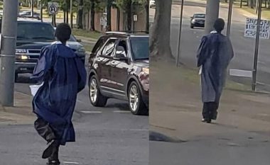 Fotografohet duke ecur herët nëpër qytet që të arrij në ceremoninë e diplomimit, gazetari i blenë një veturë të re familjes së adoleshentit (Foto)